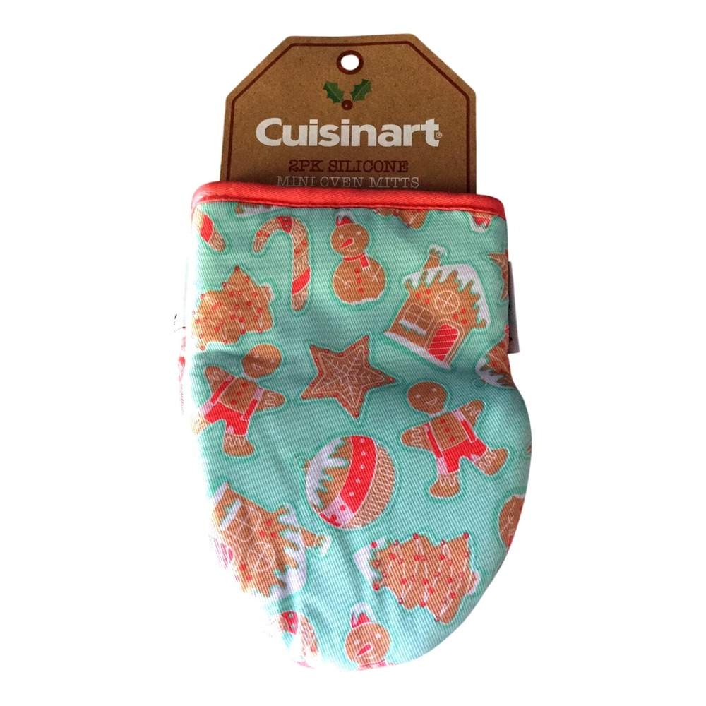 Cuisinart 2PK Silicone Mini Oven Mitts Gingerbread Holiday Mint Green New